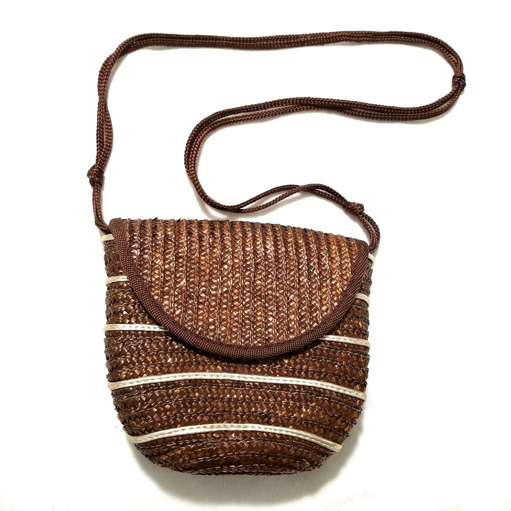 Vintage Woven Straw Purse Metallic Leather